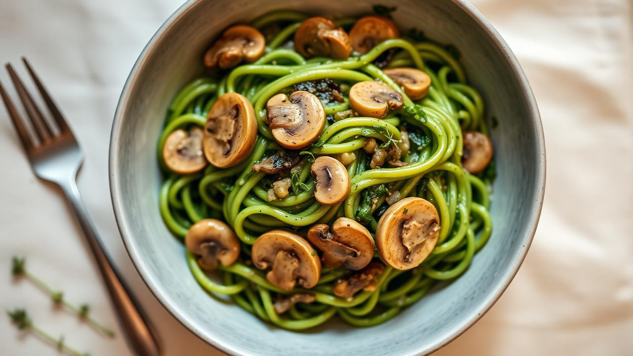 Spinach Pasta in Creamy Mushroom Sauce